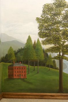 a painting on the wall of a house with trees and water in the back ground