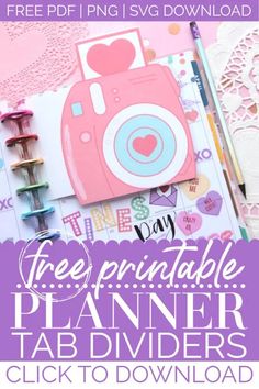 the free printable planner tab divider is shown with text overlaying it