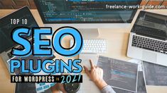 the top 10 seo plugins for wordpress in 2017, with someone pointing at them