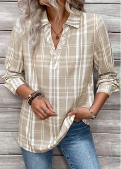 Color:Light Coffee;Size:1X;Size:2X;Size:3X;Package Contents:1 X Blouse;Occasion:Other;Style:Casual; Styles For Women Over 60 Casual, Clothes For Women Over 60, Shirt Collar Blouse, Backyard Art, Mom Clothes, Military Memes, Cute Tops For Women, Material Things, Swimwear Suits