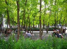 people are sitting on benches in the middle of a park with trees and bushes around them