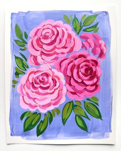 a painting of pink roses on a blue background