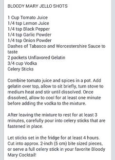 Bloody Mary Jello Shots Unflavored Gelatin, Tomato Juice, Worcestershire Sauce, Onion Powder, Garlic Powder, Vodka, Stuffed Peppers, Drinks