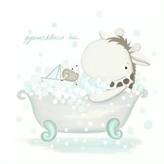 a giraffe and a mouse in a bathtub with bubbles on the water