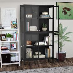 a room with a bookcase and pictures on the wall, bookshelf in front of it