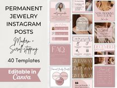 pink and white postcards with the words permanent jewelry instagramm posts on them