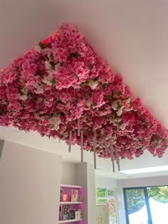 pink flowers hanging from the ceiling in a room