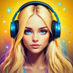 a girl with headphones on her ears and stars in the sky behind her is looking at the camera