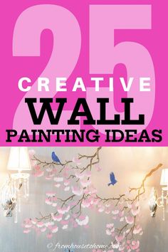 the words creative wall painting ideas are in pink and black with white flowers on it