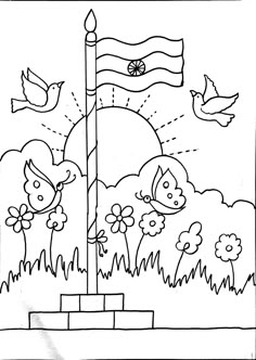 a drawing of a flag with birds flying over it and flowers in the foreground