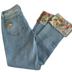 Driftwood Floral Embroidered Cuffed Jeans Size 24. Beautiful Floral On The Cuffs On This Pair Of Lighter Wash Jeans. Nwt Gift Item That Ended Up Being Too Small. Embroidered Jean Cuffs, Simple Clothing Design, Grandma Clothes Aesthetic, Thrifted Jeans, Jeans With Patches, Etsy Clothes, Patch Jeans, Floral Jeans