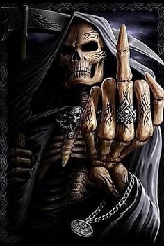 a painting of a skeleton holding a knife in one hand and pointing to the side