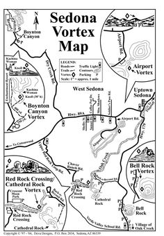 the sedona vortex map is shown in this black and white version, with an arrow