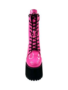 Raven boot is made from a Hot Pink vegan patent leather upper. Features a black tricot lining. Has a black round laces as well as an inner zipper closure. The platform is made from black EVA and is 3.25 inches high in the platform and 5.5 inches high in the platform. Pink Heeled Boots, Chic Leather, The Platform, Pink Black, Heeled Boots, Patent Leather, Hot Pink, Leather Upper, Black Pink