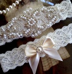 A beautiful wedding garter set that is handcrafted to order based on your measurements and specifications. It comes as a set, one to keep and one to toss (if you are planning to do the traditional toss). High quality glass crystals, delicate pearls, seed beads and ethereal blossoms bring dimension and shimmer to this romantic design. The elastic lace is 2.25" (approx. 6.5cm) wide for the upper garter and 1.5" (approx. 4cm) wide for the toss garter and it comes in your choice of white or ivory. T Wedding Garter Diy, Clothes Recycling, Bride Garter, Bridal Garter Lace, Garter Toss, Bridal Garters Set, Wedding Garter Set, Wedding Garters, Plus Size Petite