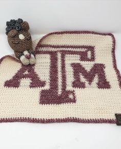 a crocheted blanket with a teddy bear sitting on it and the word texas written in large letters