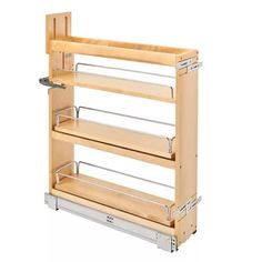 a wooden shelf with three shelves and two pull out trays on the bottom half