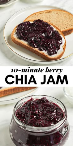 two images with the words 10 minute berry chia jam on them