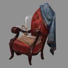 a red chair with a blue scarf on it