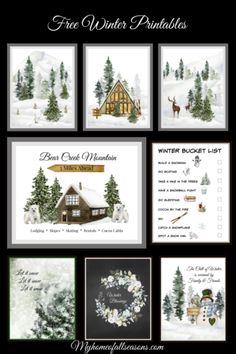 a set of six christmas cards with snow and trees on them, including the words free winter printables