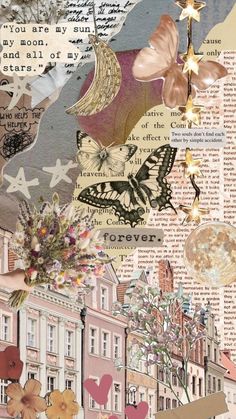 an altered collage with flowers, butterflies and words all over the place in this photo