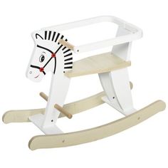 a wooden rocking horse toy with a white body and black stripes on the head, sitting in front of a white background