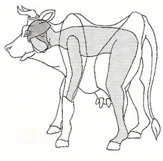 a drawing of a cow that is standing in front of a white background with lines on it