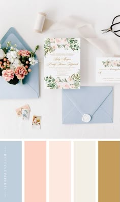 the wedding stationery and color scheme is shown in shades of peach, blue, yellow, and white