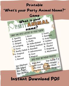 an animal party game is shown with the text, what's your party animal name?