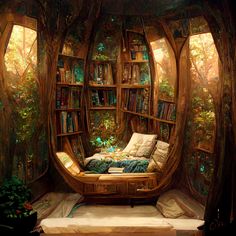 a room with bookshelves and a bed in the shape of a tree trunk