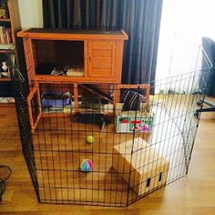 a caged in area with toys and books on the floor