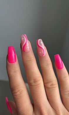 Pink Gel Nails Designs, White Sparkle Nails, Pink Acrylic Nail Designs, Barbie Pink Nails, Bright Pink Nails, Nails Luxury, Natural Nail Designs, Custom Press On Nails, Pink Gel Nails