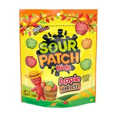 a bag of sour patch kids apple harvest flavored gummy bears on a white background