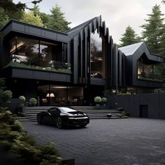 a black sports car parked in front of a large building with stairs leading up to it