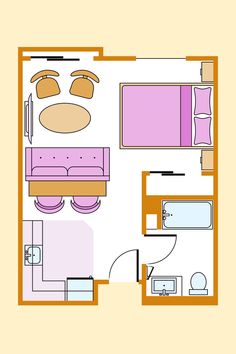 the floor plan for a small apartment with two beds and one living room in it