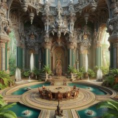 an artistic rendering of a palace with fountain and tables in the center, surrounded by greenery