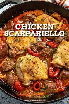 chicken scarrarellallo in a skillet with tomatoes and peppers