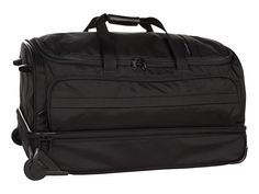 a black rolling bag with wheels on the bottom is shown in front of a white background