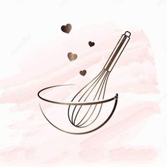 a whisk in a bowl with hearts flying around it on a pink background