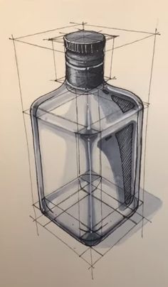 a drawing of a glass bottle with a metal cap on it's top and sides