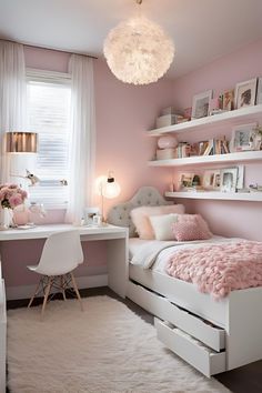 a bedroom with pink walls, white furniture and shelvings on the shelves above the bed