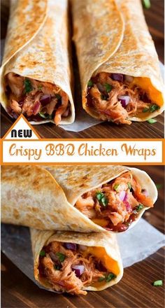 chicken wraps cut in half and stacked on top of each other with the words crispy bbq chicken wraps