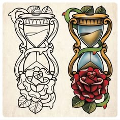 two coloring pages with an hourglass and roses on them, one is black and the other is white