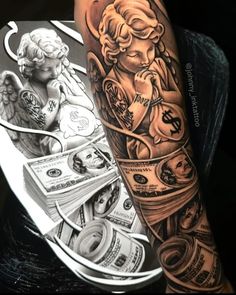 an arm with money and angel tattoos on it