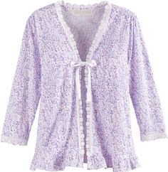 The Prettiest Ribbons, Lace, and Ruffles on the Softest Cotton Modal Bed Jacket Lavender Cotton Sleepwear For Spring, Spring Feminine Long Sleeve Sleepwear, Feminine Long Sleeve Spring Sleepwear, V-neck Spring Sleepwear For Overnight Use, Feminine Long Sleeve Sleepwear For Relaxation, Purple Sleep Tops For Spring, Spring Purple Sleep Top, Purple Spring Sleep Top, Spring Purple Relaxed Fit Sleepwear