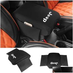 car seat covers with the word dxr on them and an orange leather interior