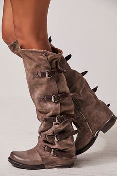 **Fit:** This style runs true to size. If between sizes, size up. Equestrian inspired tall boots with beautiful tonal leathers. Gorgeous wrap design goes all the way up calf and features leather buckles. Facing side zips. | Tatum Over the Knee Boot by A.S.98 at Free People in Grey, Size: EU 41 Fold Over Boots, Round Toe Shoes, Knee Boot, Slouched Boots, Brown Heels, All The Way Up, Leather Buckle, Toe Shoes, Tall Boots