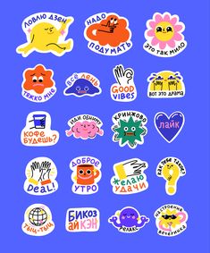 various stickers are shown on a blue background