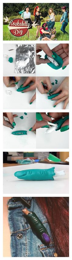 the process for making fake feathers is shown in three different pictures, including one being blue and