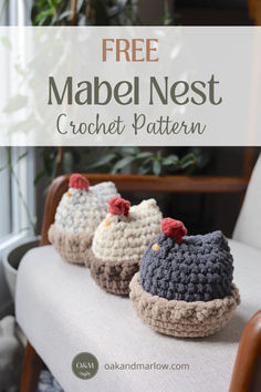 3 crochet chickens sitting in little brown nests on a chair Chicken Crochet Pattern, Chicken Pattern, Pola Amigurumi, Favorite Chicken, King A